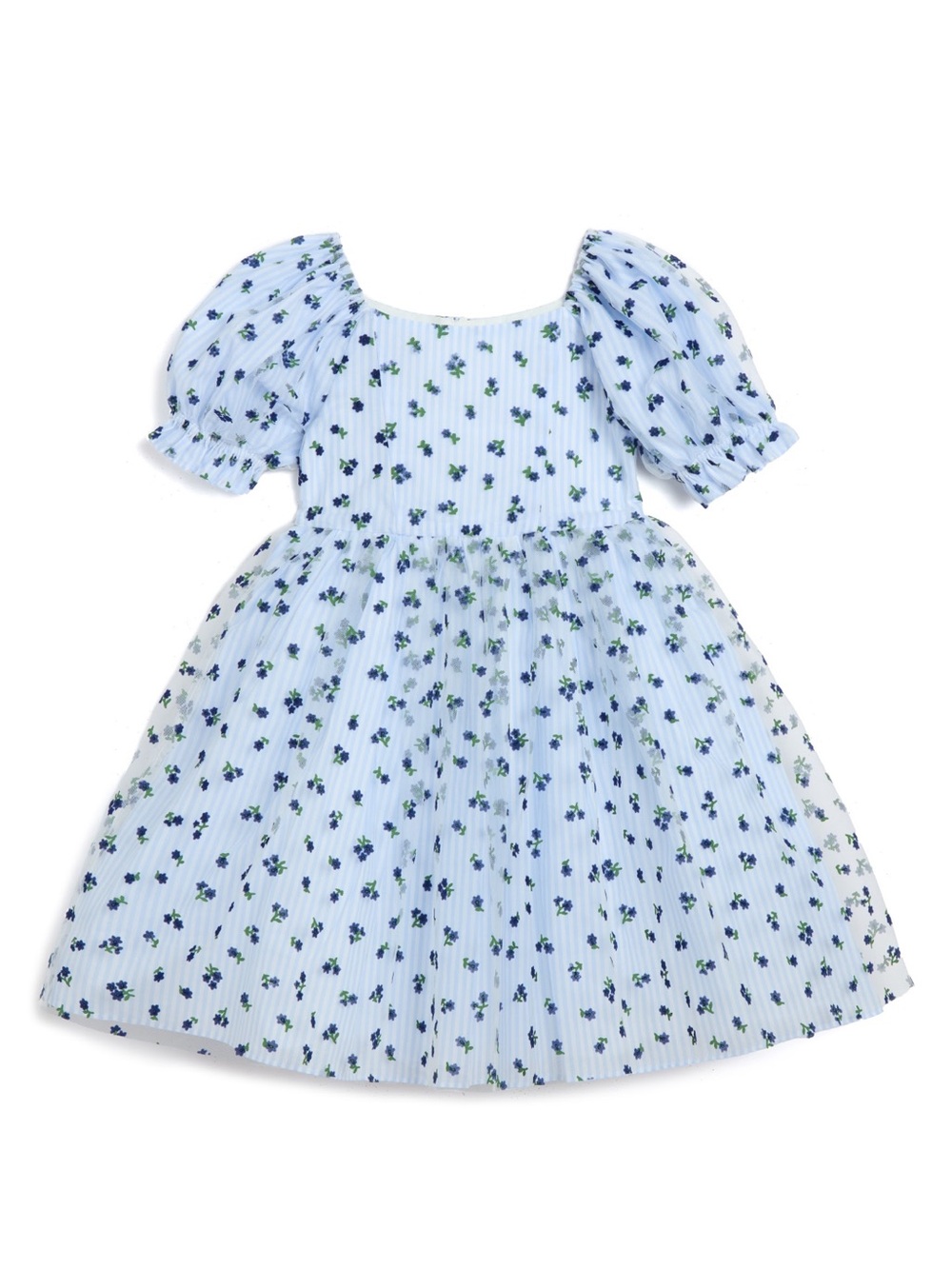 New Light Blue Floral Puff-Sleeve Kids Dress with Square Neck